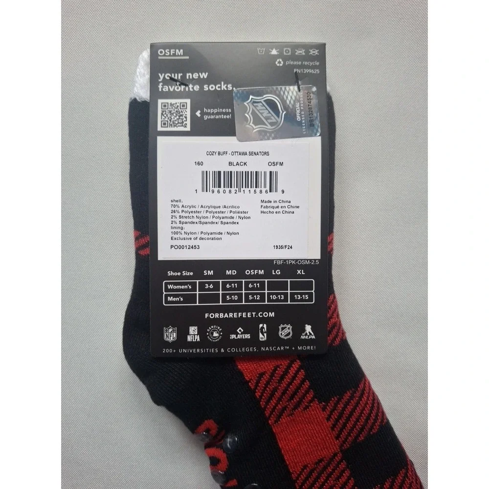 Ottawa‎ Senators NHL For Bare Feet Socks with Grip Dots Black Red OSFM New!